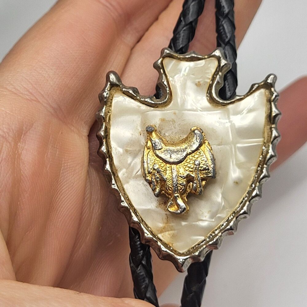 Boot Bolo Tie, Gold Tone Boot Boots on Faux Mother of Pearl Bolo Tie 34in